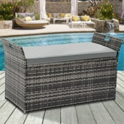 Dextrus Outdoor Waterproof 90 Gallon PE Rattan Deck Box with Handles and Cushion, Gray
